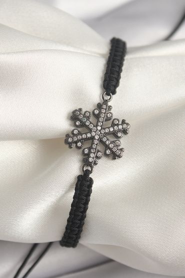 Pirinç Füme Renk Zirkon Taşlı Kar Tanesi Figür Makrome Asansörlü Model Kadın Bileklik - TJ-BB6791