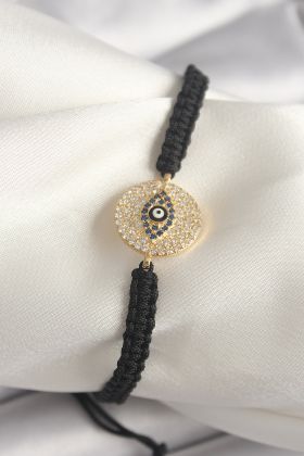 Pirinç Gold Renk Zirkon Taşlı Göz İşlemeli Figür Asansörlü Makrome Model Kadın Bileklik - TJ-BB6792