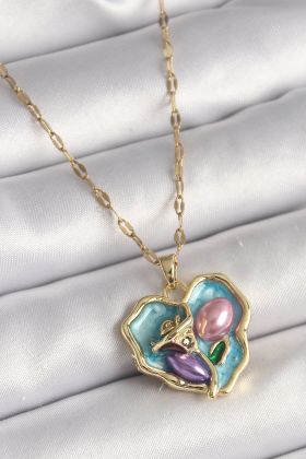 316L Çelik Gold Renk Zincir Çiçek İşlemeli Zirkon Taş Detaylı Mavi Kalp Portre Model Kadın Kolye - TJ-BKO9879