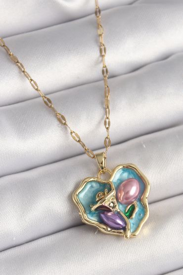 316L Çelik Gold Renk Zincir Çiçek İşlemeli Zirkon Taş Detaylı Mavi Kalp Portre Model Kadın Kolye - TJ-BKO9879