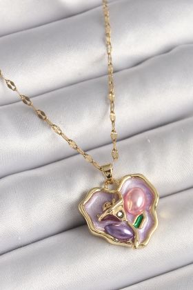316L Çelik Gold Renk Zincir Mor Çiçek İşlemeli Zirkon Taş Detaylı Kalp Portre Model Kadın Kolye - TJ-BKO9881