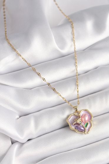 316L Çelik Gold Renk Zincir Mor Çiçek İşlemeli Zirkon Taş Detaylı Kalp Portre Model Kadın Kolye - TJ-BKO9881