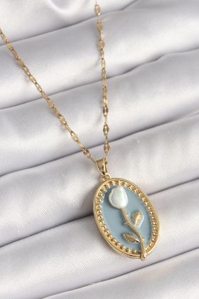 316L Çelik Gold Renk Mavi Oval Portre Model Çiçek İşleme Detay Kadın Kolye - TJ-BKO9883