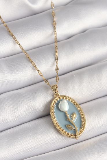 316L Çelik Gold Renk Mavi Oval Portre Model Çiçek İşleme Detay Kadın Kolye - TJ-BKO9883