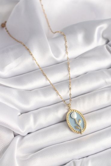 316L Çelik Gold Renk Mavi Oval Portre Model Çiçek İşleme Detay Kadın Kolye - TJ-BKO9883