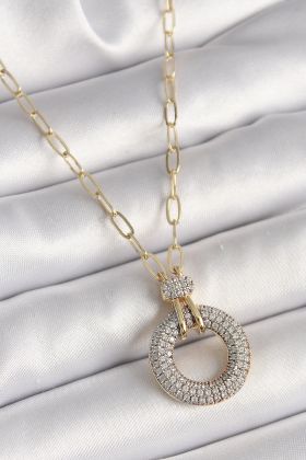 Pirinç Gold Renk Zirkon Taşlı Madalyon Model Kadın Kolye - TJ-BKO9884
