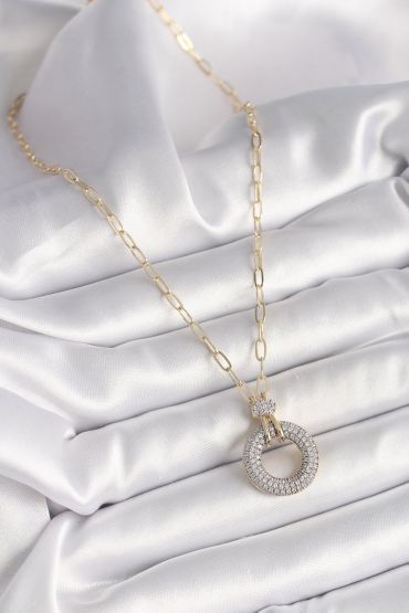 Pirinç Gold Renk Zirkon Taşlı Madalyon Model Kadın Kolye - TJ-BKO9884