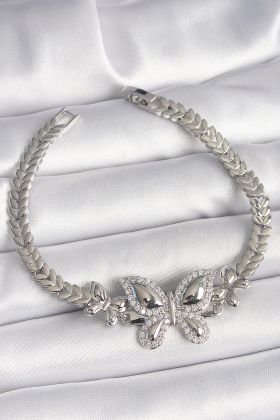 Pirinç Gümüş Renk Zirkon Taşlı Kelebek Model Kadın Bileklik - TJ-BB6815