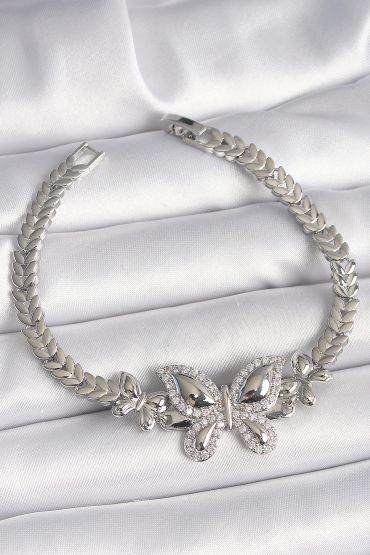Pirinç Gümüş Renk Zirkon Taşlı Kelebek Model Kadın Bileklik - TJ-BB6815