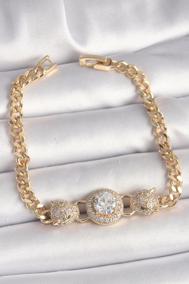Pirinç Gold Renk Zirkon Taşlı Leopar Figür Zincir Model Kadın Bileklik - TJ-BB6828