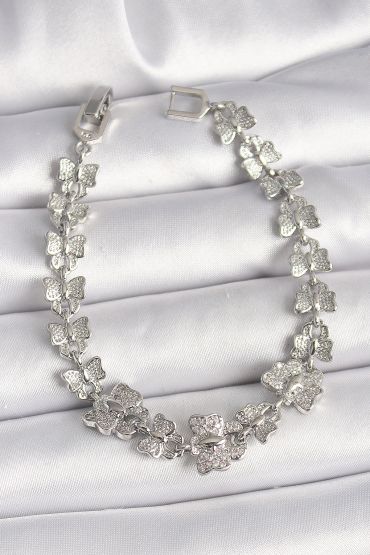 Pirinç Gümüş Renk Zirkon Taşlı Kelebek Model Zincir Kadın Bileklik - TJ-BB6835