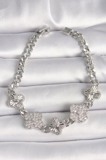 Pirinç Gümüş Renk Zincir Yonca Model Kadın Bileklik - TJ-BB6837