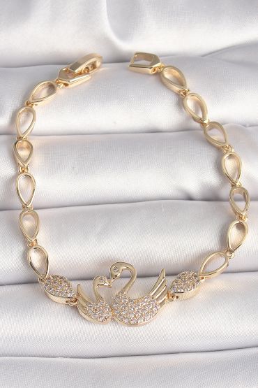 Pirinç Gold Renk Zirkon Taşlı Kuğu Figür Damla Zincir Model Kadın Bileklik - TJ-BB6849