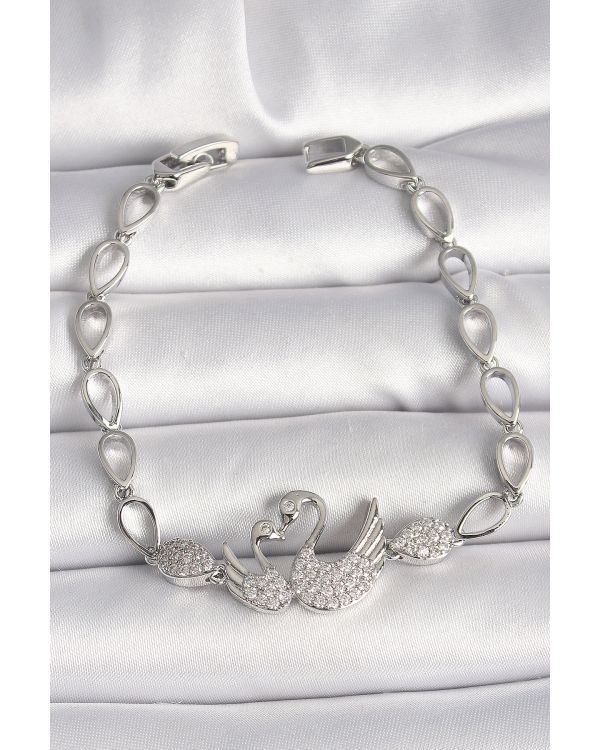 Pirinç Gümüş Renk Zirkon Taşlı Kuğu Figür Damla Zincir Model Kadın Bileklik - TJ-BB6850