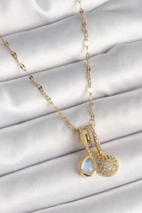 316L Çelik Gold Renk Zincir Zirkon Taşlı Sallantı Mavi Sedefli Damla Figür Kadın Kolye - TJ-BKO9886