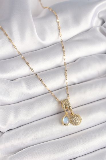 316L Çelik Gold Renk Zincir Zirkon Taşlı Sallantı Mavi Sedefli Damla Figür Kadın Kolye - TJ-BKO9886