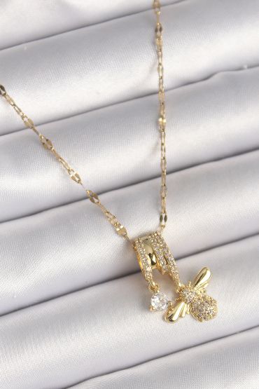 316L Çelik Gold Renk Zincir Sallantı Zirkon Taşlı Arı Figür Damla Detay Kadın Kolye - TJ-BKO9887