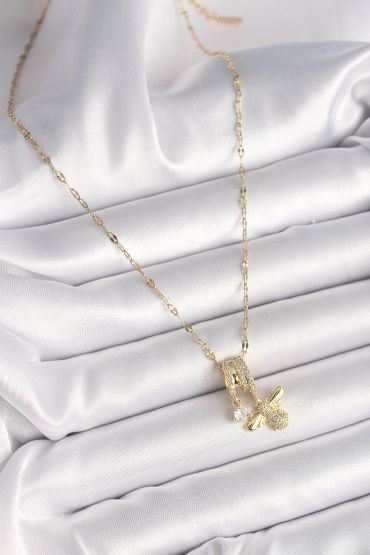 316L Çelik Gold Renk Zincir Sallantı Zirkon Taşlı Arı Figür Damla Detay Kadın Kolye - TJ-BKO9887