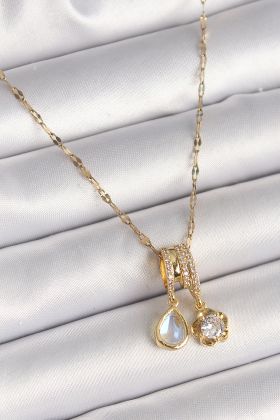 316L Çelik Gold Renk Zincir Sallantı Zirkon Taşlı Çiçek Figür Mavi Sedefli Damla Detay Kadın Kolye - TJ-BKO9888