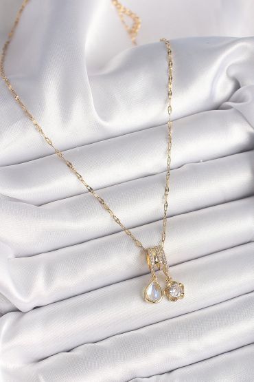 316L Çelik Gold Renk Zincir Sallantı Zirkon Taşlı Çiçek Figür Mavi Sedefli Damla Detay Kadın Kolye - TJ-BKO9888