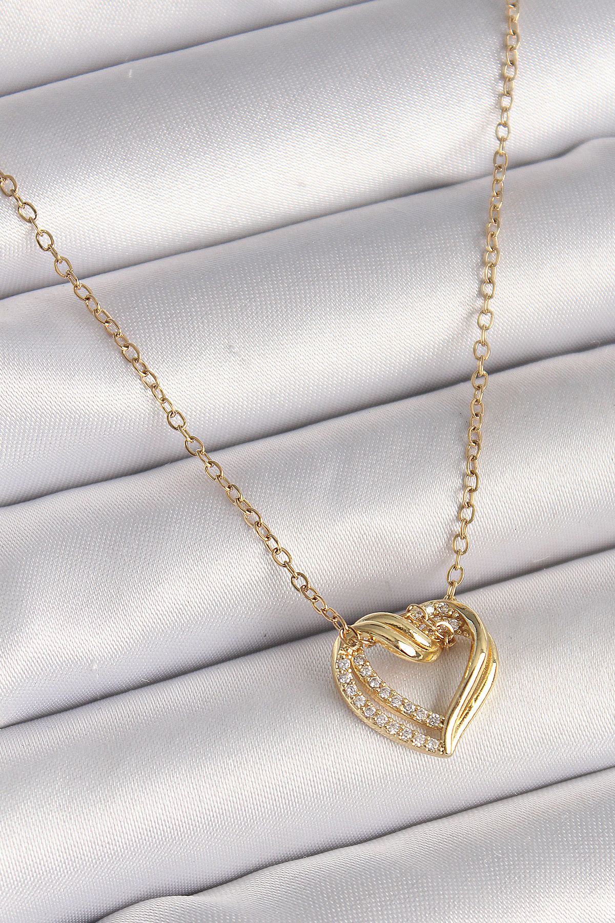 316L Çelik Gold Renk Zincir Zirkon Taşlı Kalp Model Kadın Kolye - TJ-BKO9890