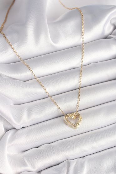 316L Çelik Gold Renk Zincir Zirkon Taşlı Kalp Model Kadın Kolye - TJ-BKO9890
