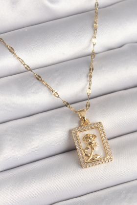 316L Çelik Gold Renk Zincir Zirkon Taşlı Beyaz Sedefli Portre Model Kadın Kolye - TJ-BKO9891