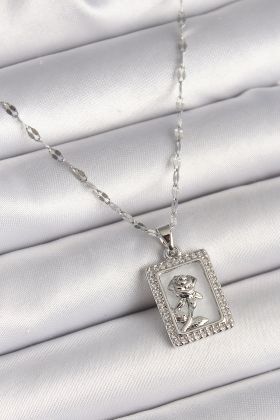 316L Çelik Gümüş Renk Zincir Zirkon Taşlı Beyaz Sedefli Gül Portre Model Kadın Kolye - TJ-BKO9892