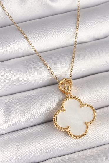 316L Çelik Gold Renk Zincir Zirkon Taş Detaylı Beyaza Yonca Model Kadın Kolye - TJ-BKO9893