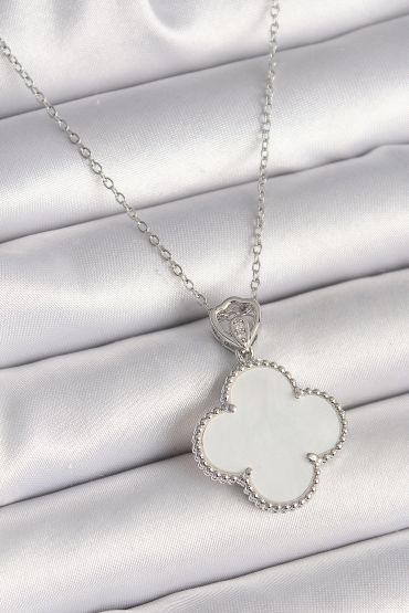 316L Çelik Gümüş Renk Zincir Zirkon Taş Detaylı Beyaz Yonca Model Kadın Kolye - TJ-BKO9894