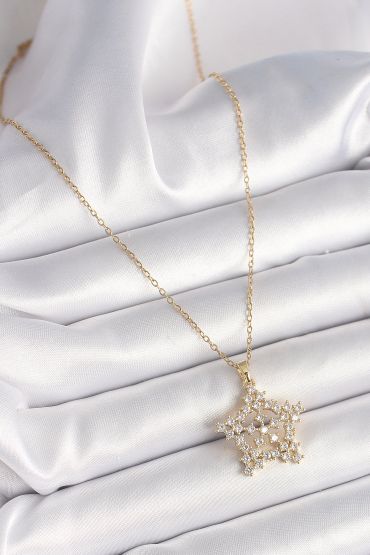 316L Çelik Gold Renk Zincir Zirkon Taşlı Kar Tanesi Model Kadın Kolye - TJ-BKO9895
