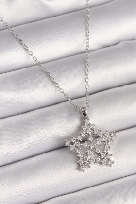 316L Çelik Gümüş Renk Zincir Zirkon Taşlı Kar Tanesi Model Kadın Kolye - TJ-BKO9896