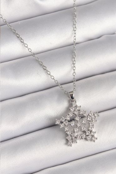 316L Çelik Gümüş Renk Zincir Zirkon Taşlı Kar Tanesi Model Kadın Kolye - TJ-BKO9896