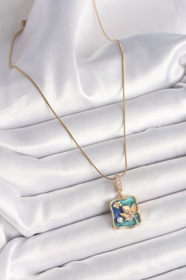 316L Çelik Gold Renk Zincir Zirkon Taş Detaylı Mavi İşlemeli Çiçek Portre Model Kadın Kolye - TJ-BKO9897