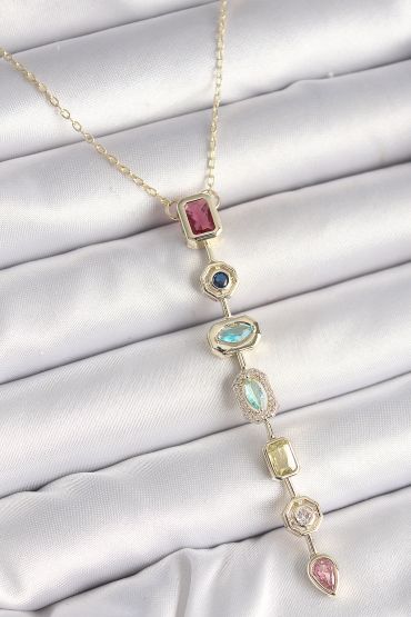 Pirinç Gold Renk Zirkon Taşlı Baget Dekolta Model Kadın Kolye - TJ-BKO9899