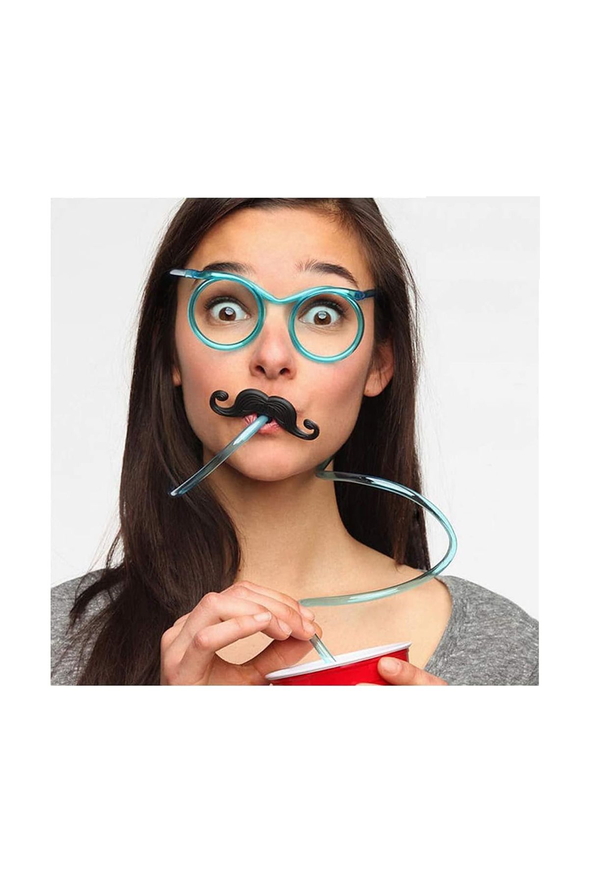 Pipetli Parti Gözlüğü - Çocuk ve Yetişkin Bıyıklı Pipet Gözlük Mavi Renk 18x14 cm
