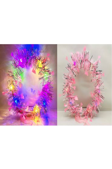 Kalp Püsküllü Gece Parıltısı 3 Modlu LED li Işıklı Taç Pembe Renk