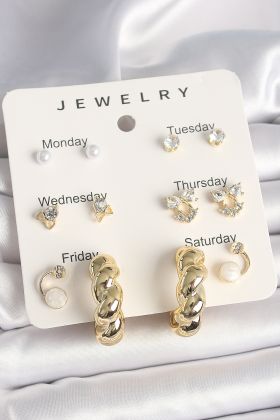 Pirinç Gold Renk Zirkon Taşlı Sarmal Halka Model 7'Li Kadın Küpe Seti - TJ-BKP10324