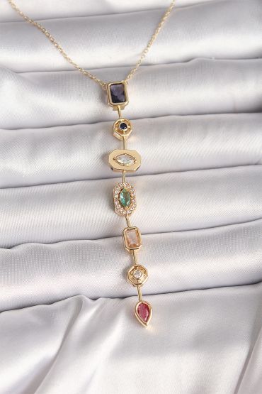 Pirinç Gold Renk Zirkon Taşlı Baget Dekolte Model Kadın Kolye - TJ-BKO9900