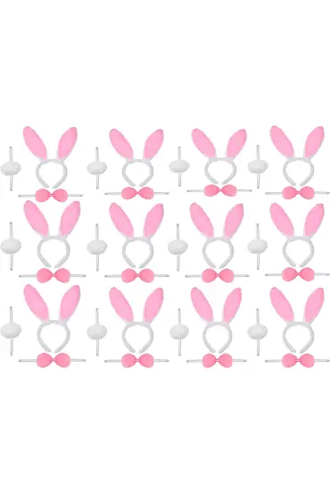 Pembe Tavşan Kostüm Seti – Taç Ponpon Kuyruk 12 li Paket