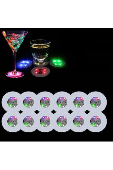Renkli LED Işıklı Bardak Altlığı - Dekoratif 12 Adet Pilli