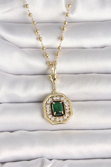 316L Çelik Gold Renk Topçuk Zincir Yeşil Taşlı Seranay Model Kadın Kolye - TJ-BKO9901