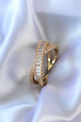 Gold Renk Zirkon Taşlı Pirinç Kadın Yüzük - TJ-BYK2719