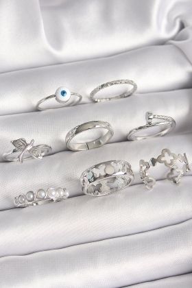 Pirinç Gümüş Renk Nazar Boncuk Detay İncili Kelebek İşlemeli Kadın Yüzük Kombini - TJ-BYK3649