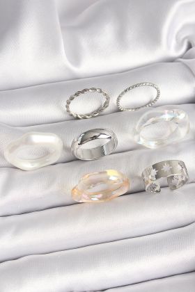 Pirinç Gümüş Renk Beyaz Akrilik Plastik Model Kutup Yıldız İşleme Detaylı Kadın Yüzük Kombini - TJ-BYK3655