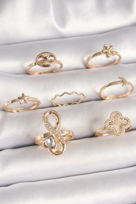 Pirinç Gold Renk Zirkon Taşlı Sonsuzluk Figür Yıldız Detay Kadın Yüzük Kombini - TJ-BYK3674