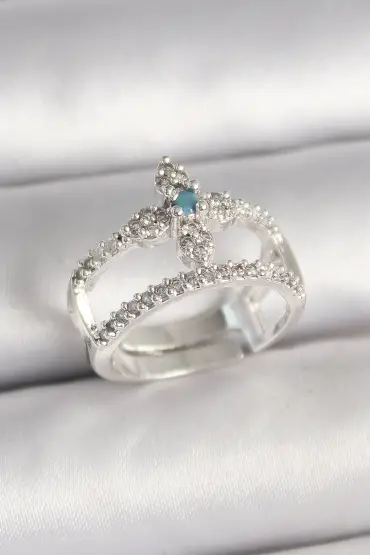 Pirinç Gümüş Renk Zirkon Taşlı Ayarlanabilir Model Kadın Yüzük - TJ-BYK3680