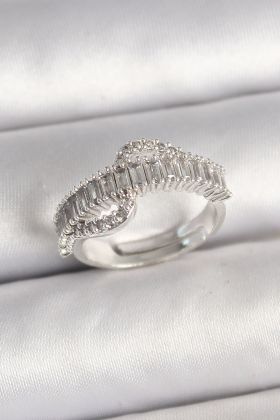 Pirinç Gümüş Renk Su Yolu Zirkon Taşlı Ayarlanabilir Model Kadın Yüzük - TJ-BYK3690