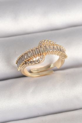 Pirinç Gold Renk Su Yolu Zirkon Taşlı Ayarlanabilir Model Kadın Yüzük - TJ-BYK3691
