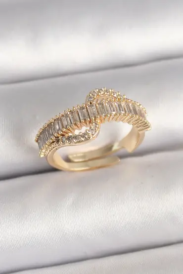 Pirinç Gold Renk Su Yolu Zirkon Taşlı Ayarlanabilir Model Kadın Yüzük - TJ-BYK3691